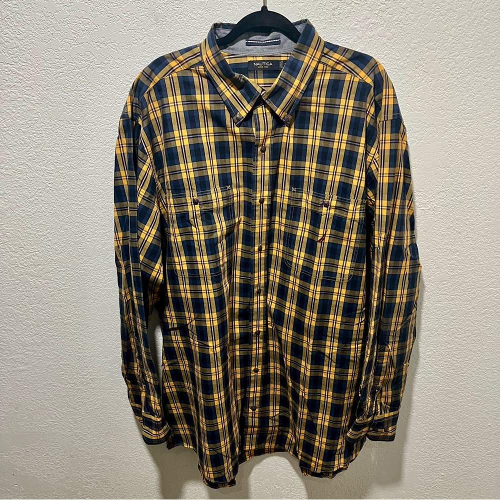 Nautica Navy and Yellow Plaid Button Down Long Sleeve Shirt